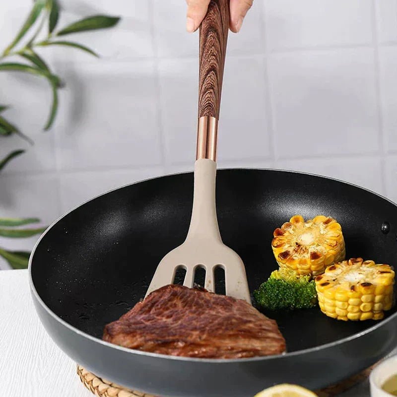 Food-Safe Silicone Kitchen Tools with Wooden Handle – 10-Piece Silicone Cooking Utensil Set – KitchenElegance