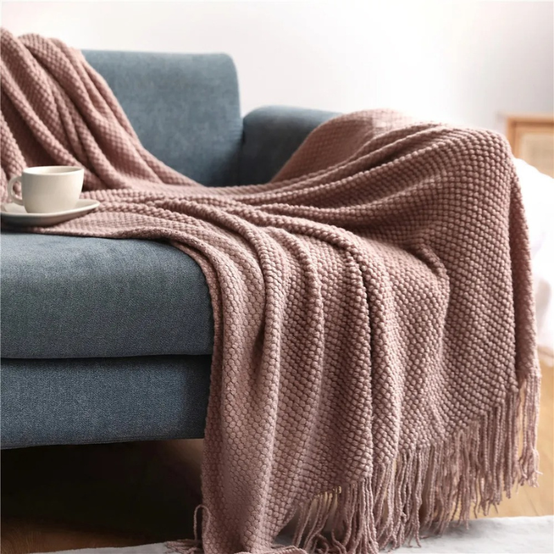 Knit Throw Blanket with Tassels – Soft Acrylic Merino-Look Throw for Couch & Bed, 9 Colors, 50 x 68 or 51 x 87 in Pink