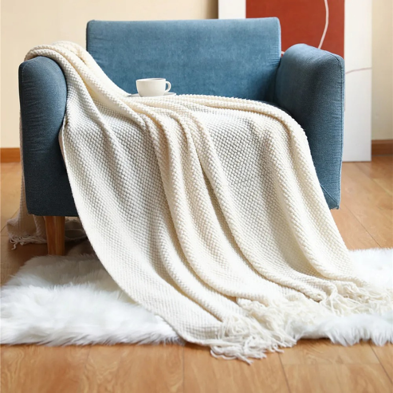 Knit Throw Blanket with Tassels – Soft Acrylic Merino-Look Throw for Couch & Bed, 9 Colors, 50 x 68 or 51 x 87 in White