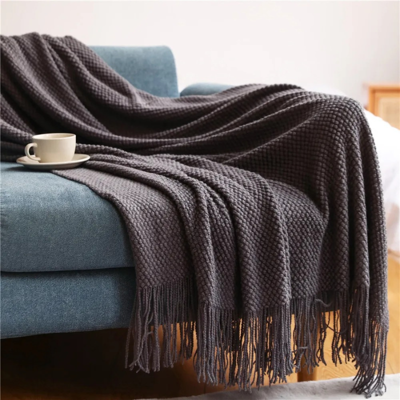 Knit Throw Blanket with Tassels – Soft Acrylic Merino-Look Throw for Couch & Bed, 9 Colors, 50 x 68 or 51 x 87 in Dark Gray