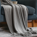 Knit Throw Blanket with Tassels – Soft Acrylic Merino-Look Throw for Couch & Bed, 9 Colors, 50 x 68 or 51 x 87 in Light Gray