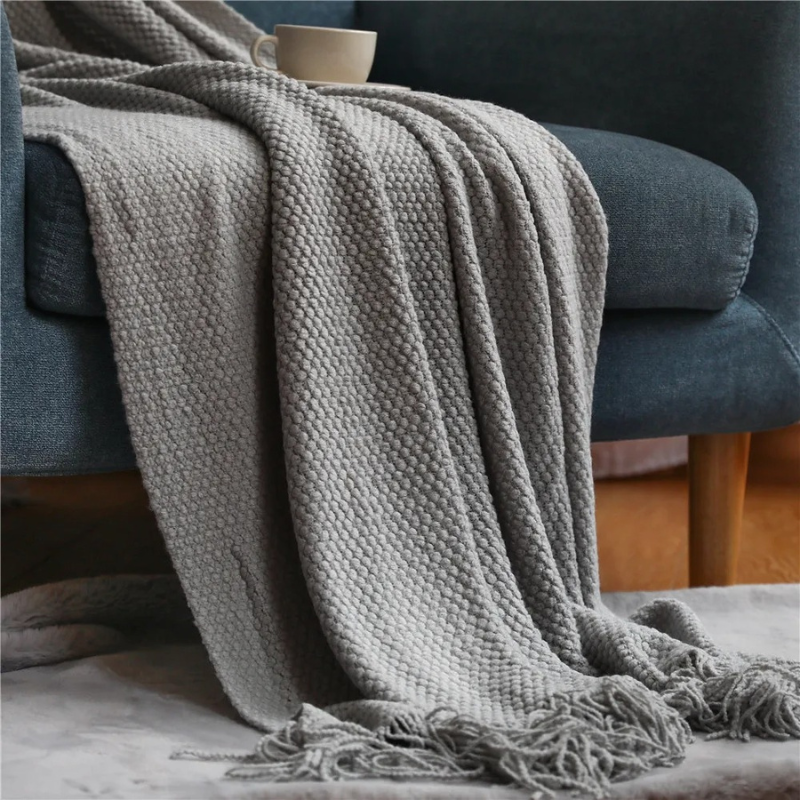 Knit Throw Blanket with Tassels – Soft Acrylic Merino-Look Throw for Couch & Bed, 9 Colors, 50 x 68 or 51 x 87 in Light Gray