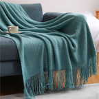 Knit Throw Blanket with Tassels – Soft Acrylic Merino-Look Throw for Couch & Bed, 9 Colors, 50 x 68 or 51 x 87 in Lake Green