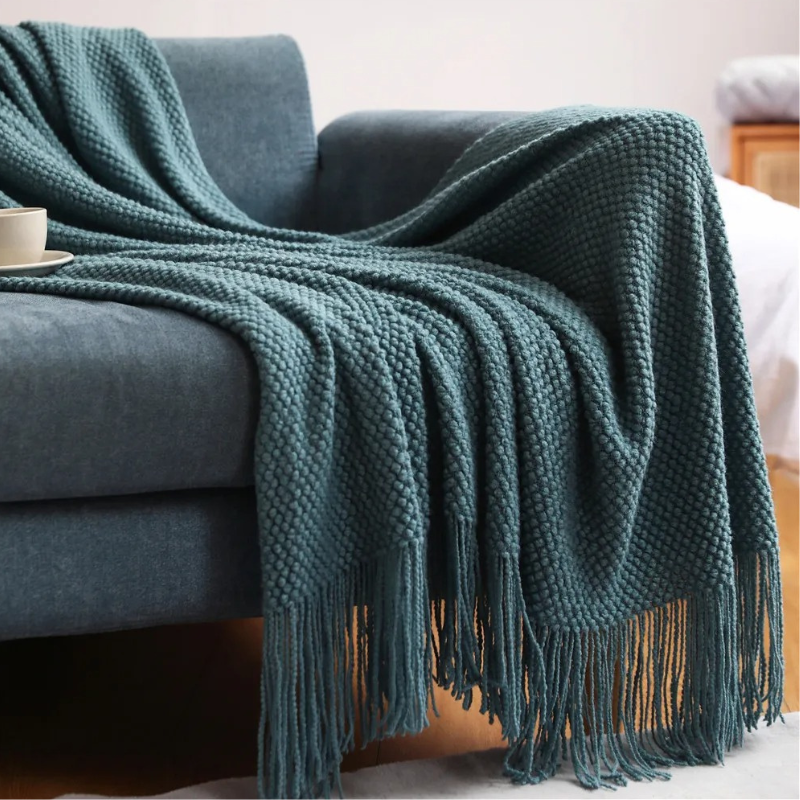 Knit Throw Blanket with Tassels – Soft Acrylic Merino-Look Throw for Couch & Bed, 9 Colors, 50 x 68 or 51 x 87 in Morandi Blue