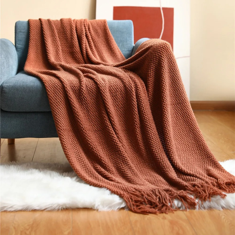 Knit Throw Blanket with Tassels – Soft Acrylic Merino-Look Throw for Couch & Bed, 9 Colors, 50 x 68 or 51 x 87 in Brick Red
