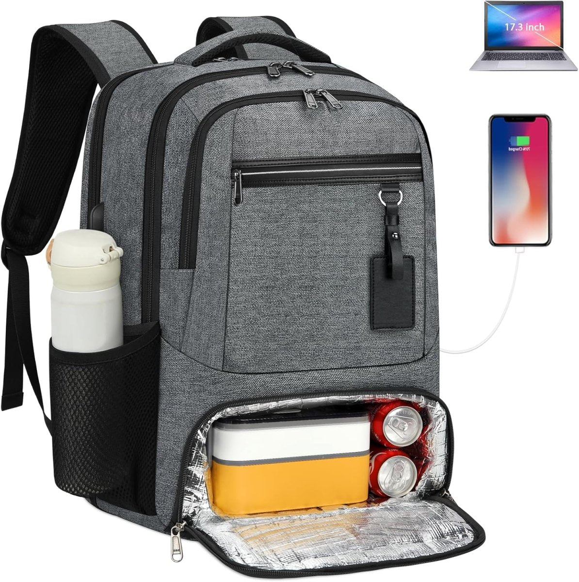 Chāme | Waterproof Laptop & Lunch Backpack with USB Port – Multi-Compartment Travel Bag Dark Grey