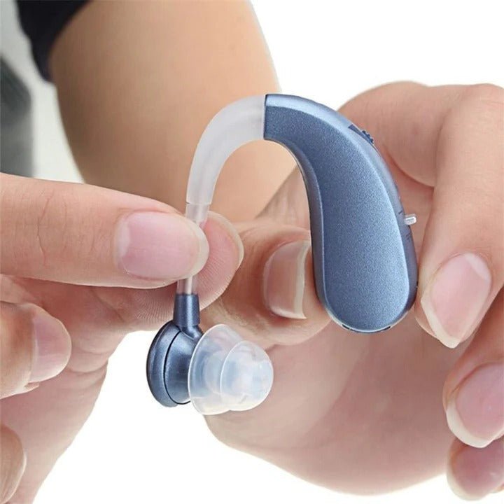 Rechargeable Bluetooth Hearing Assistance – Personal Sound Amplifier & Wireless Earbuds for Calls and Music, Blue or Gold