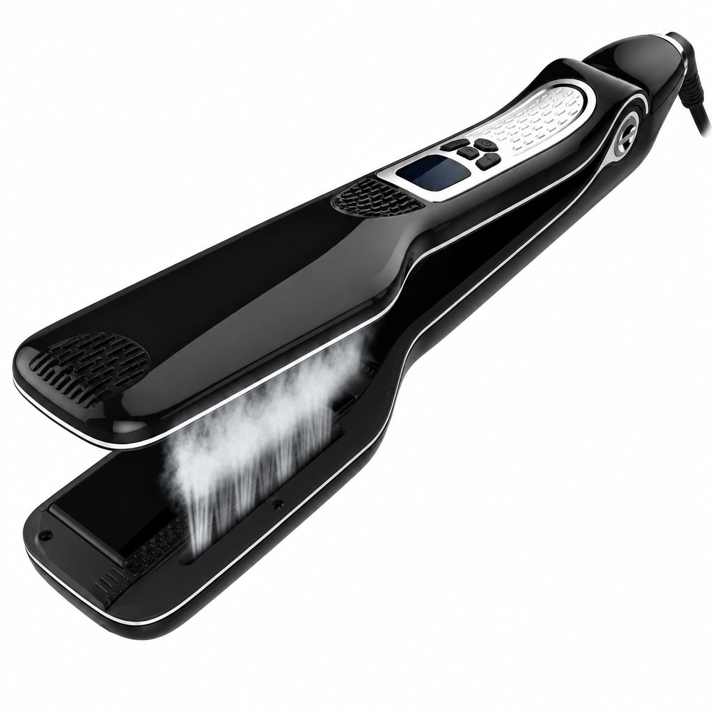 Professional Steam Straightener – Steam Hair Straightener with Ceramic Plates, Adjustable 300–445°F, LCD Display, Auto Shut-Off – Elara Black