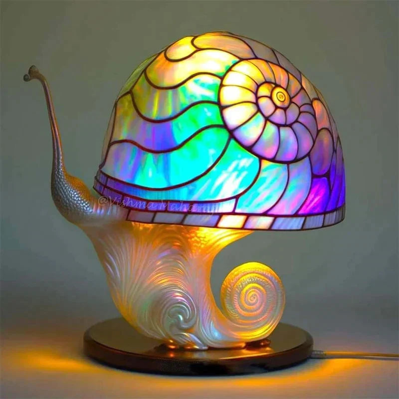 Stained Glass Table Lamp – Enchanting Mushroom & Flower Bedside Lamp, Decorative Night Light, 8 Designs – DreamGlow Snail