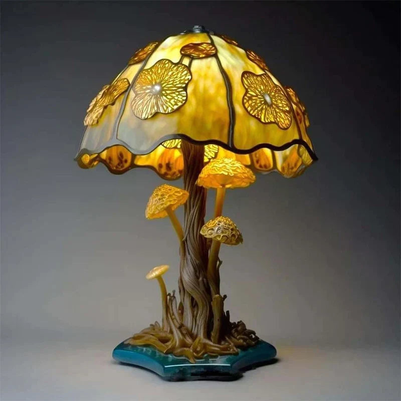 Stained Glass Table Lamp – Enchanting Mushroom & Flower Bedside Lamp, Decorative Night Light, 8 Designs – DreamGlow Golden Mushroom