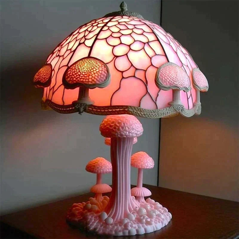 Stained Glass Table Lamp – Enchanting Mushroom & Flower Bedside Lamp, Decorative Night Light, 8 Designs – DreamGlow Pink Mushroom