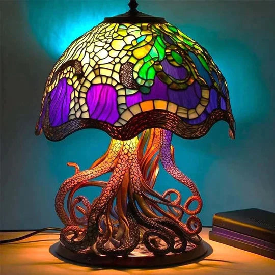 Stained Glass Table Lamp – Enchanting Mushroom & Flower Bedside Lamp, Decorative Night Light, 8 Designs – DreamGlow Octopus