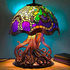 Stained Glass Table Lamp – Enchanting Mushroom & Flower Bedside Lamp, Decorative Night Light, 8 Designs – DreamGlow Octopus