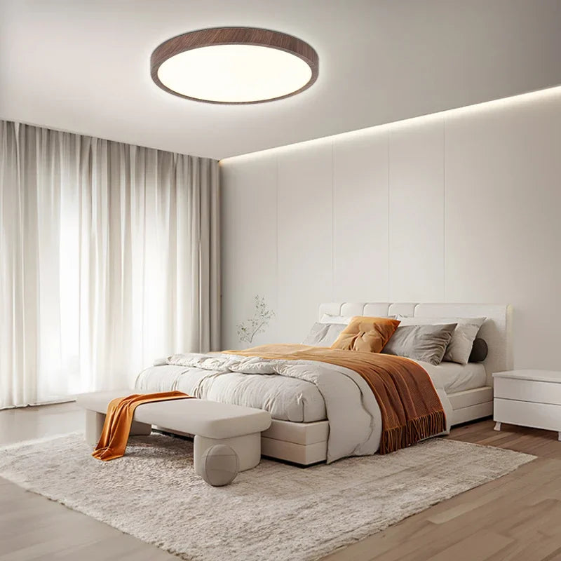 Ultra-Thin Round Walnut Wood Ceiling Lamp – Slim LED Flush Mount Ceiling Light, Adjustable Light, 12 or 16 in, for Modern Spaces