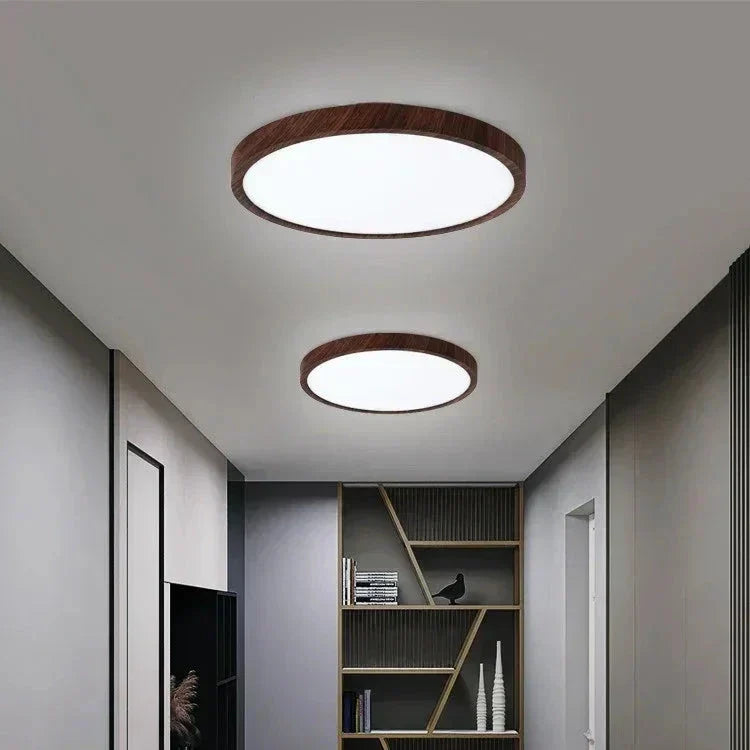 Ultra-Thin Round Walnut Wood Ceiling Lamp – Slim LED Flush Mount Ceiling Light, Adjustable Light, 12 or 16 in, for Modern Spaces