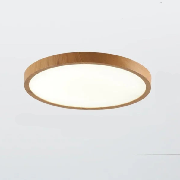 Ultra-thin, round walnut wood ceiling lamp for elegant, modern spaces