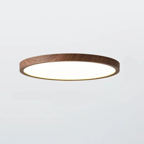 Ultra-thin, round walnut wood ceiling lamp for elegant, modern spaces
